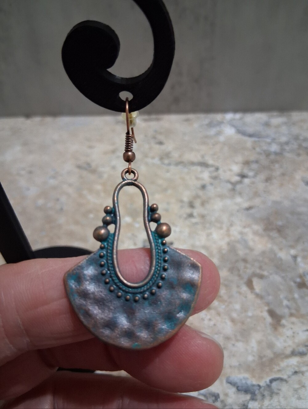 Copper Fan-Shaped Drop Earrings - Green and Brown - Picture 4 of 5